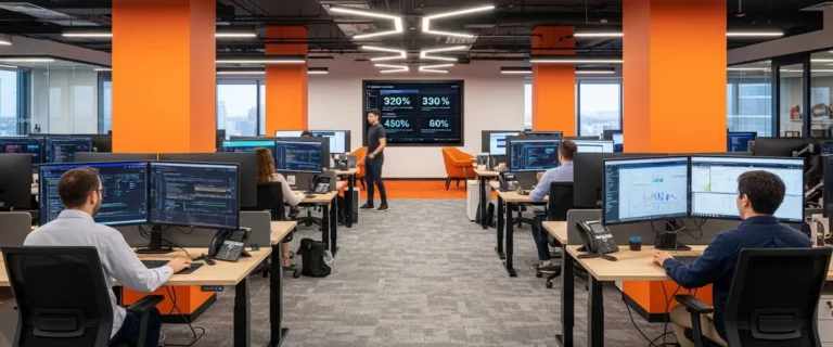 AI hiring boom 2026 modern tech workspace with engineering team and data visualizations