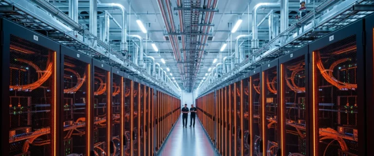 Modern AI data center facility with rows of high-density GPU server racks and liquid cooling infrastructure