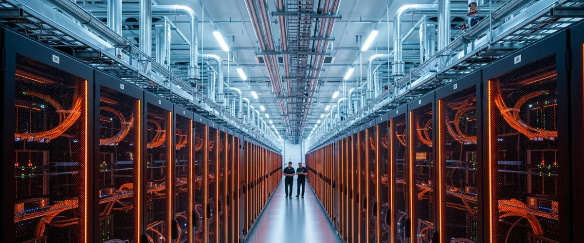 Modern AI data center facility with rows of high-density GPU server racks and liquid cooling infrastructure