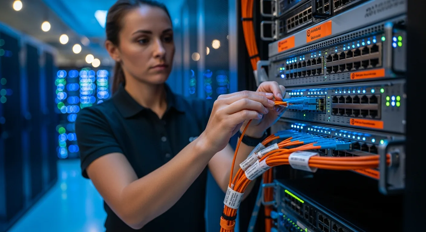 Network engineer connecting fiber optic cables to high-performance computing switches in an AI data center