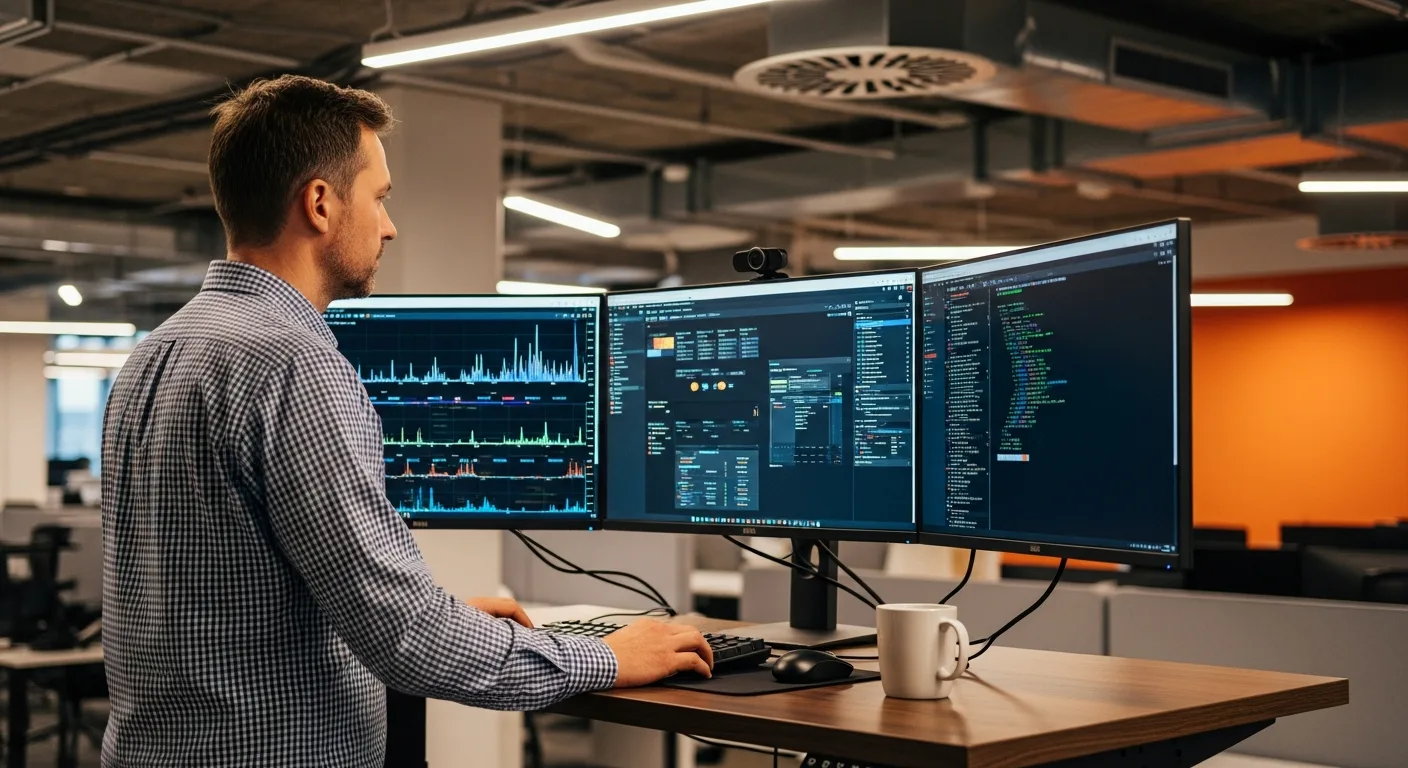 Senior platform engineer monitoring GPU cluster utilization dashboards and Kubernetes orchestration at a standing desk
