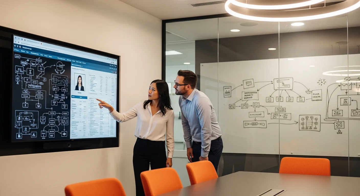 Recruiter and hiring manager reviewing AI infrastructure candidate profiles on a conference room monitor