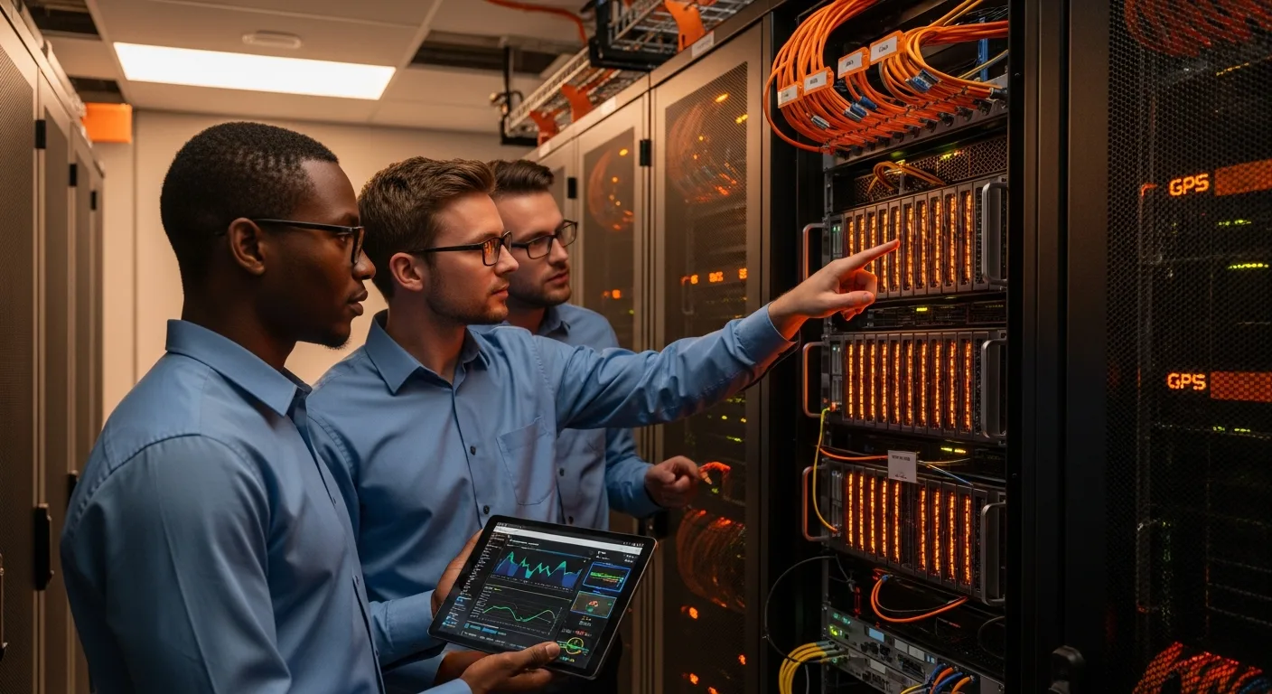 AI infrastructure engineering team inspecting GPU server racks in a modern data center facility