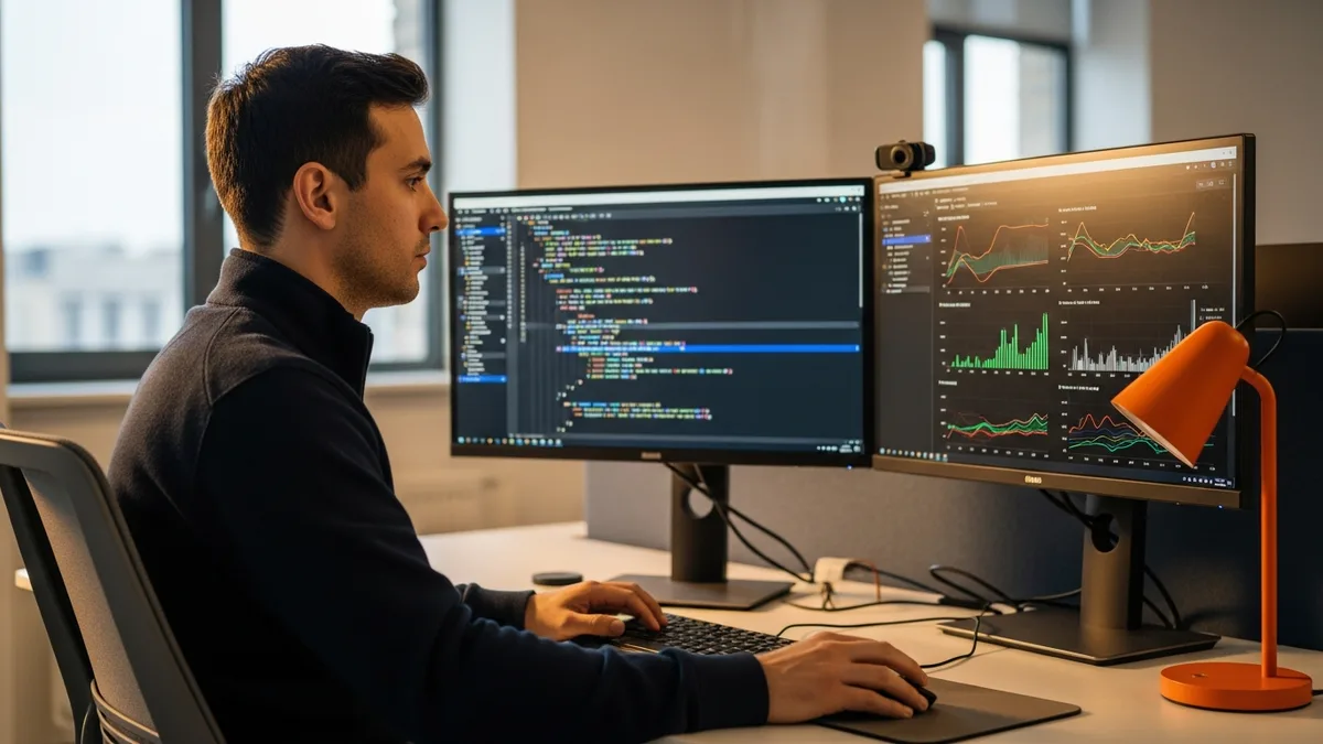 AI engineer writing Python and PyTorch machine learning code at dual monitor workstation