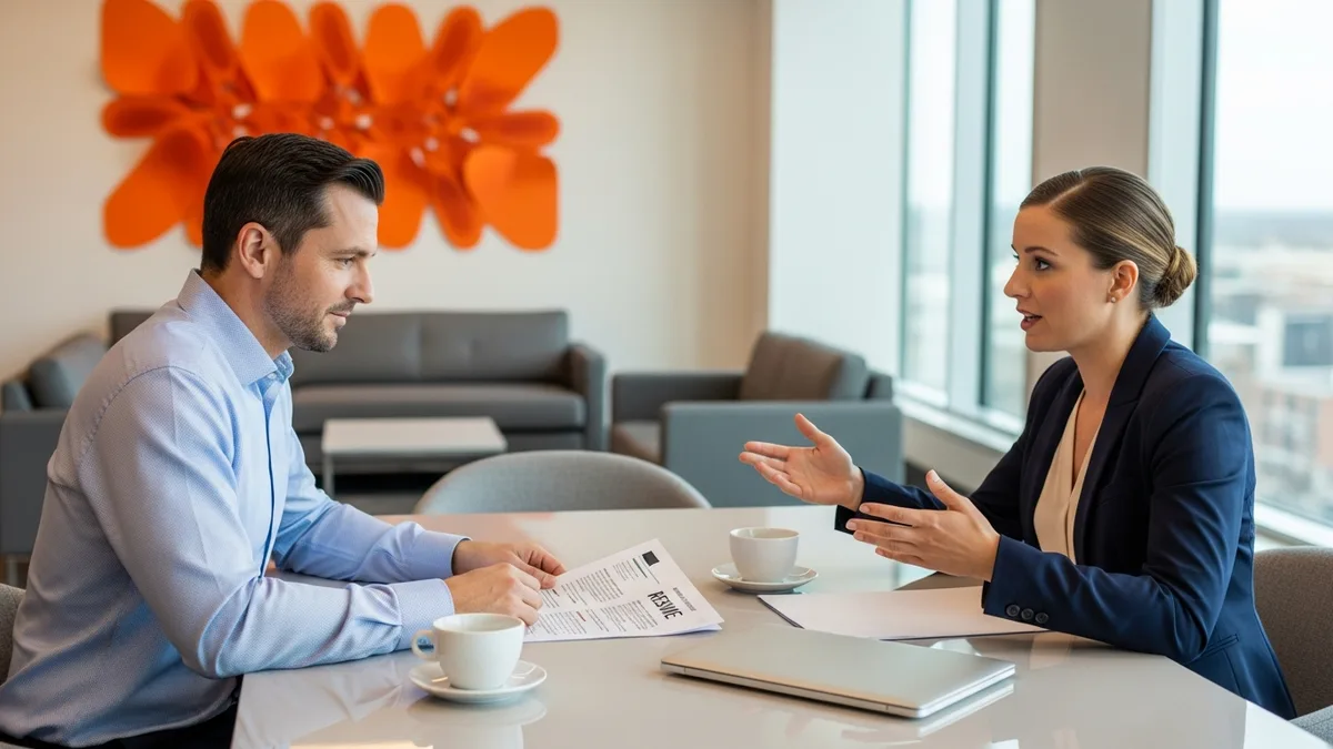 Hiring manager interviewing AI engineer candidate at modern tech office