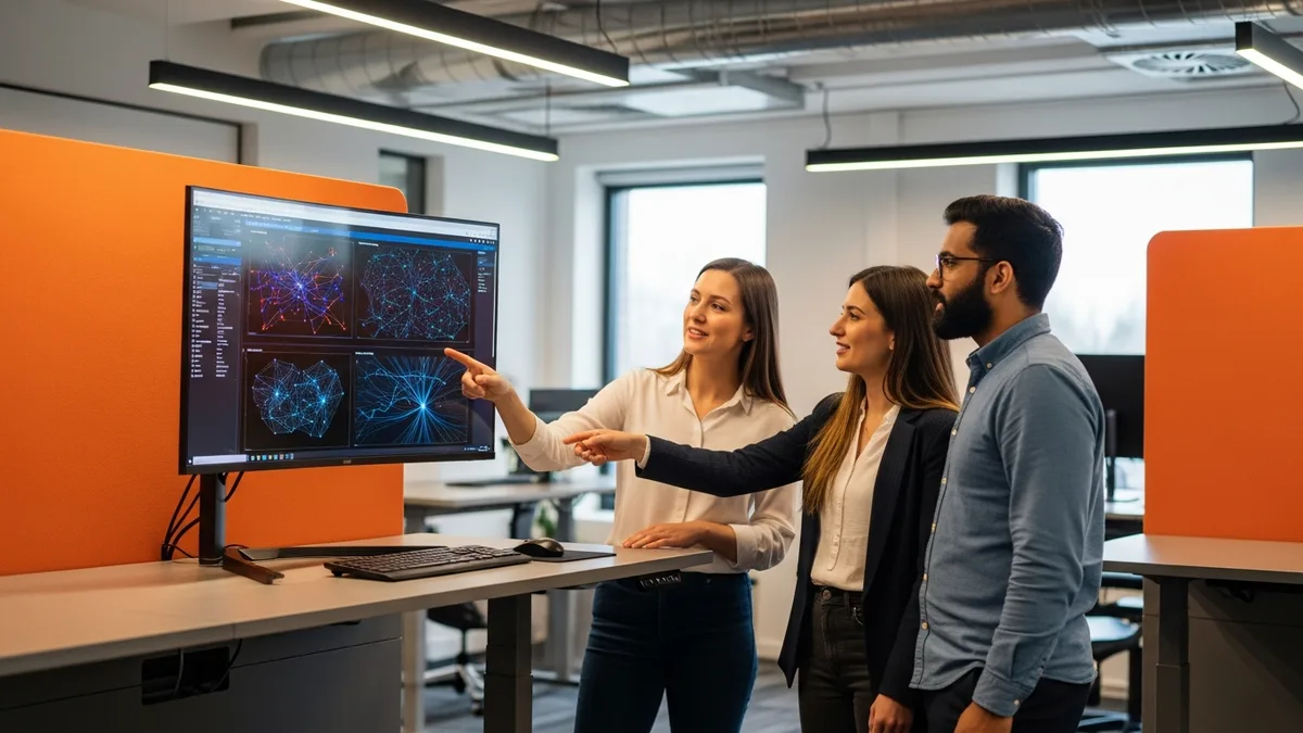 Diverse AI engineering team collaborating on machine learning model training metrics