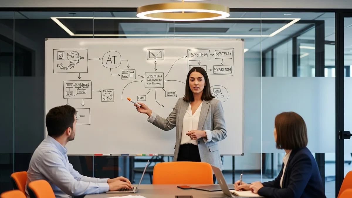 AI team reviewing system architecture diagrams at whiteboard during planning session