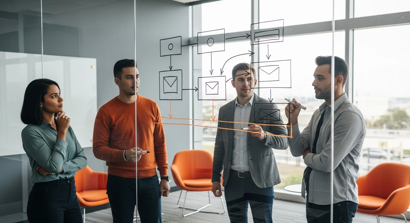CTO and engineering leads sketching a three-phase AI agent roadmap on a glass whiteboard in a conference room
