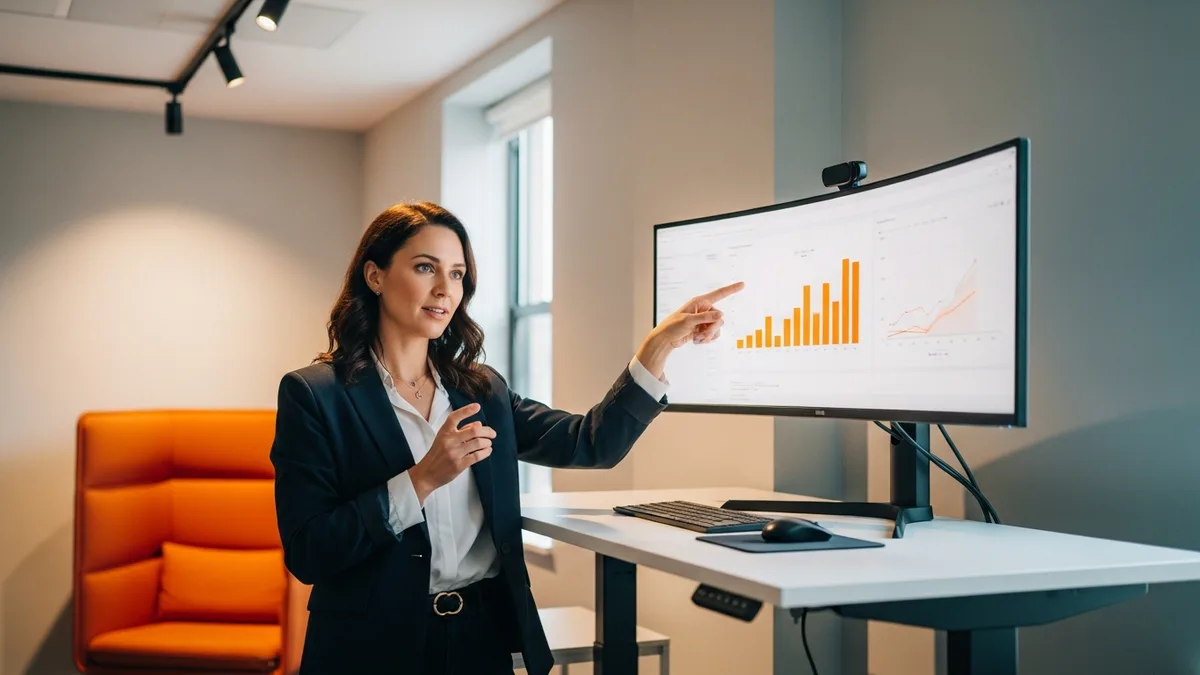 Marketing strategist pointing at analytics dashboards showing AI referral traffic and content citability metrics