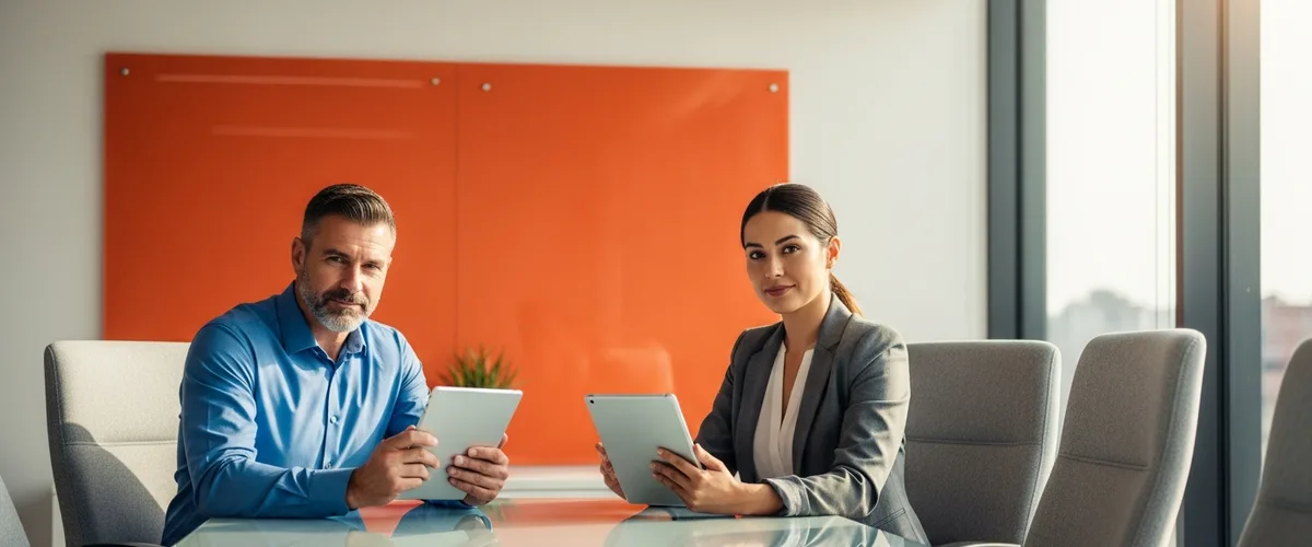 KORE1 tech recruiter and hiring manager reviewing AI-assisted placement data on tablets in an Irvine office