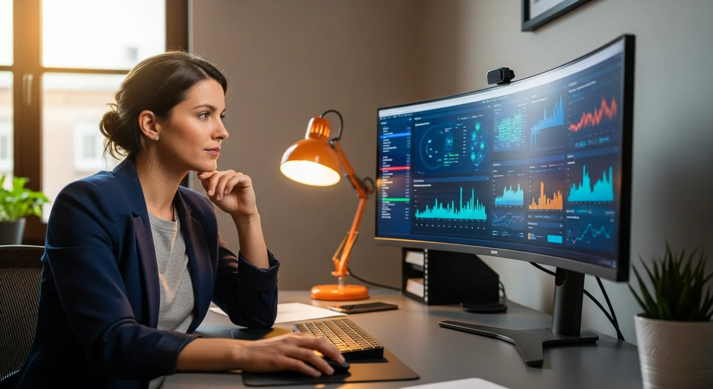 Data analyst working with AI-powered analytics platform showing charts and insights on a widescreen monitor