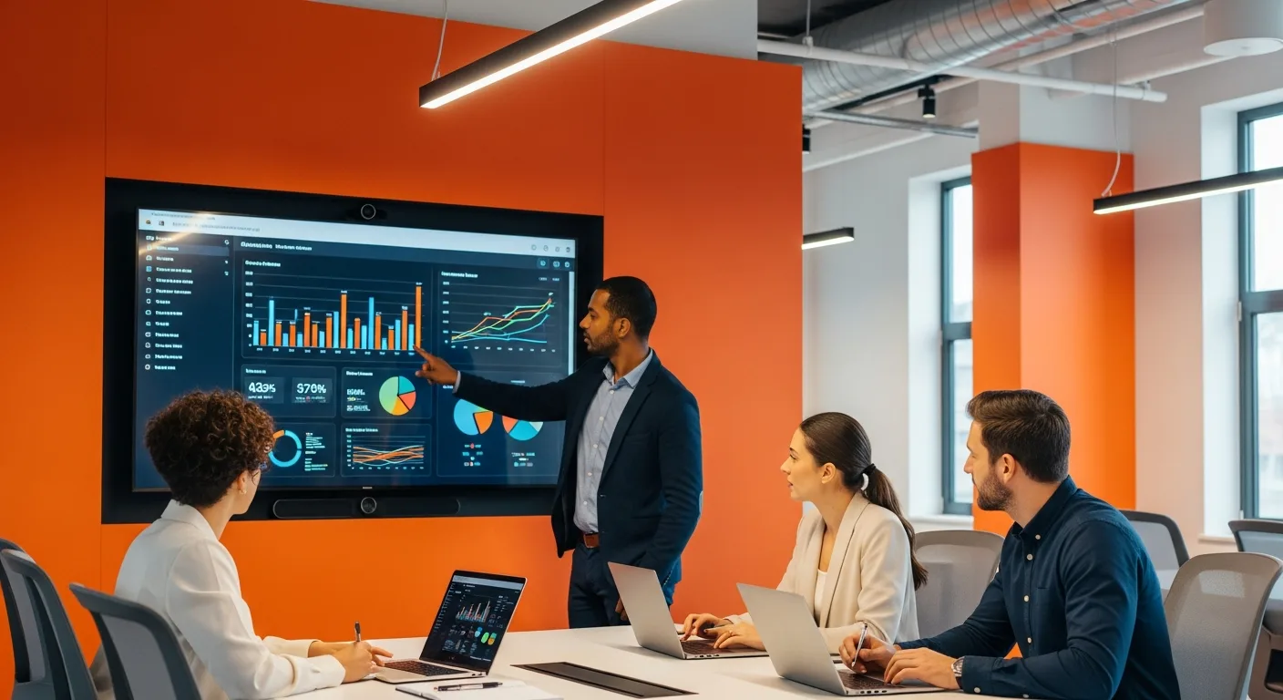 Business team reviewing AI analytics dashboard in a modern office with orange accent lighting