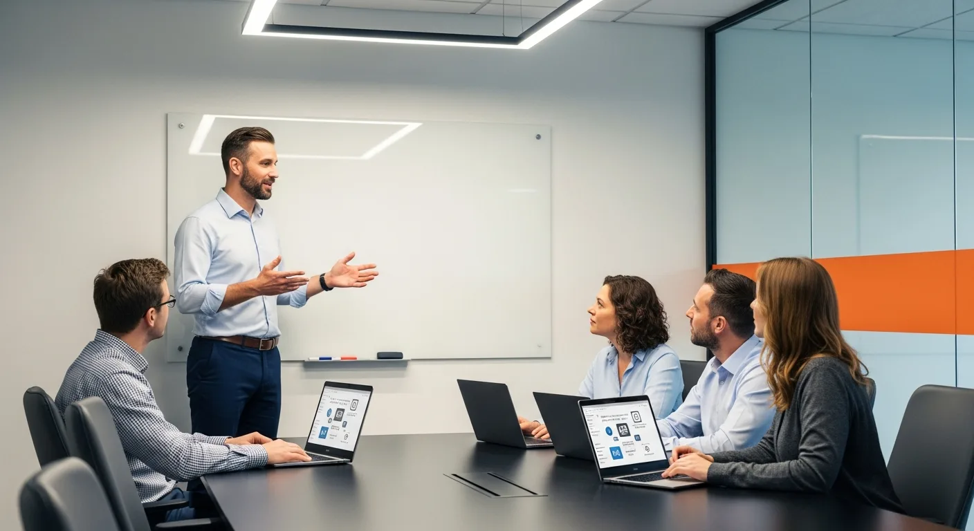 IT manager leading a team training session on AI tools in a conference room with an orange accent wall