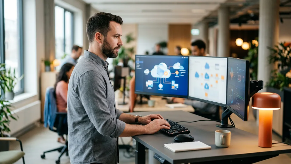 Senior AWS cloud architect at multi-monitor workstation reviewing cloud architecture after Amazon layoffs 2026