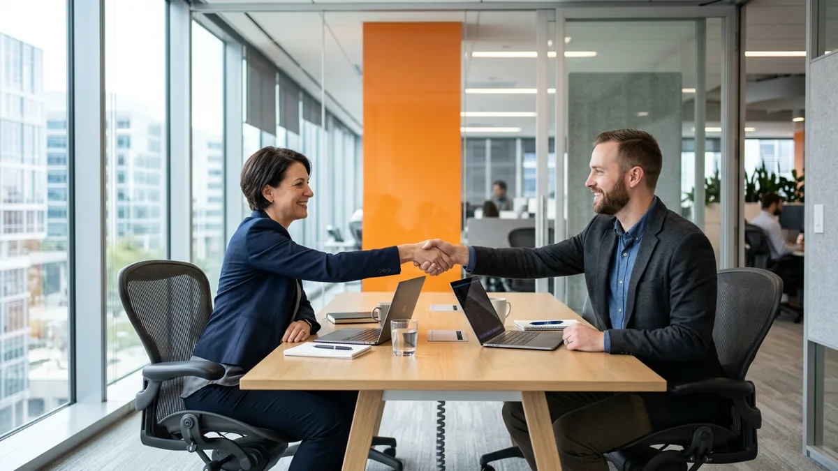 Engineering director and senior engineer handshake meeting KORE1 placement of Amazon cloud talent 2026