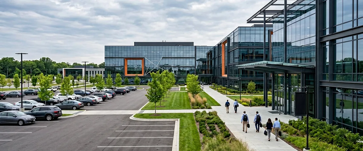 Modern corporate technology campus exterior representing Amazon layoffs 2026 cloud engineering talent entering the hiring market