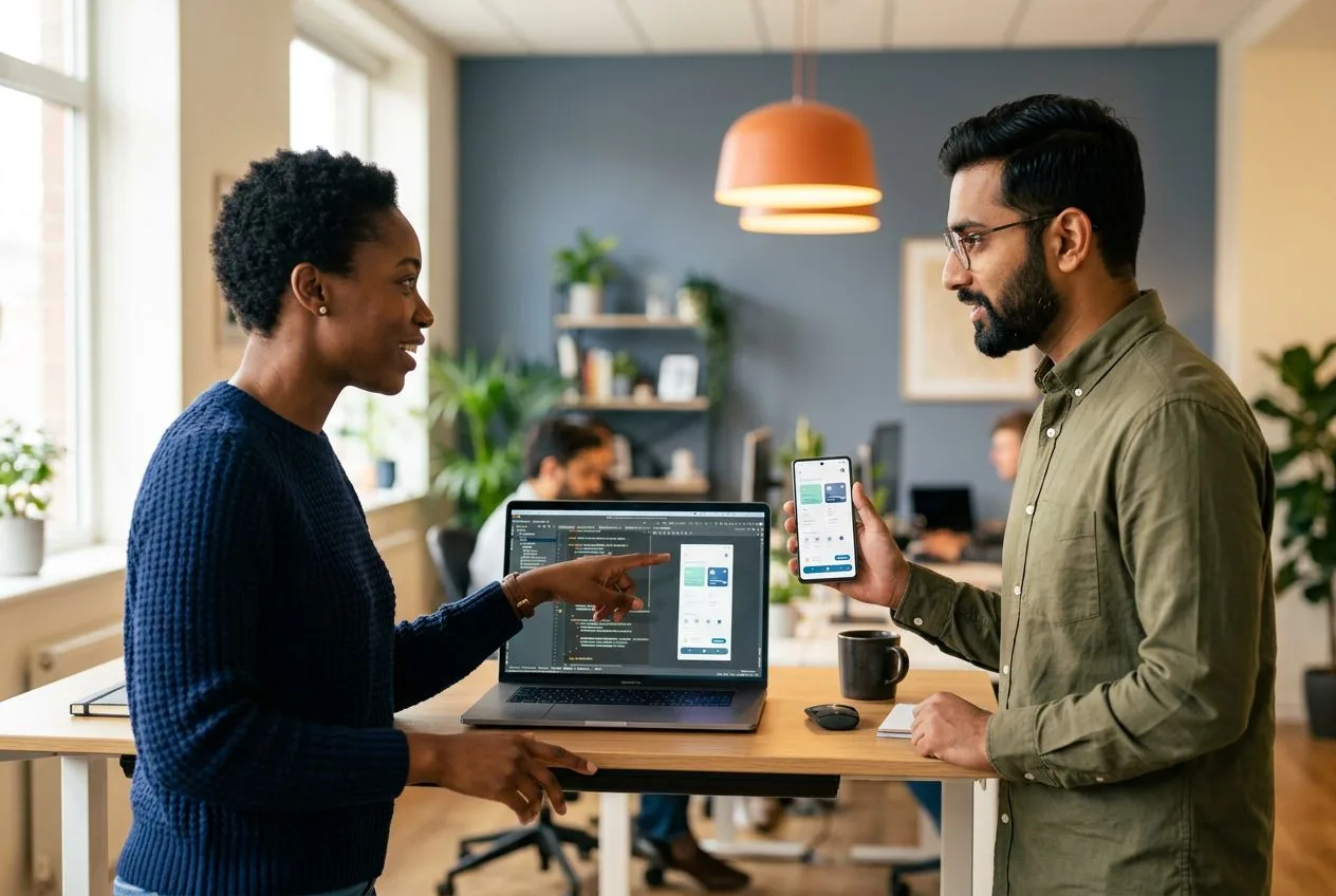Senior Android developer reviewing Jetpack Compose UI on laptop with Pixel device beside, KORE1 Android developer staffing