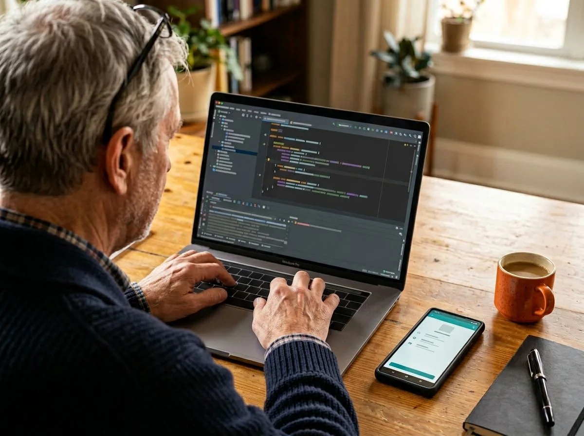 Android engineer pair-programming with Kotlin on screen and Pixel phone on desk