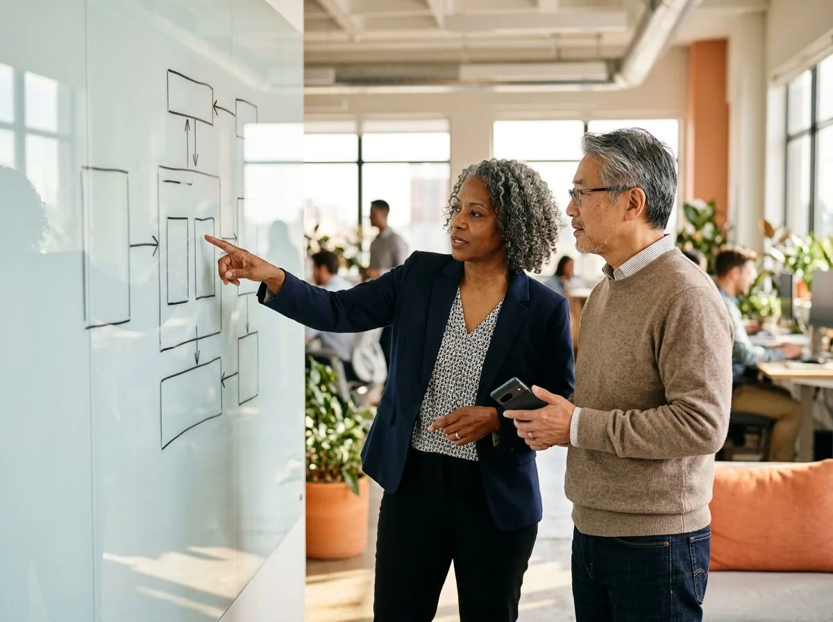 Android engineers reviewing a Jetpack Compose design system architecture with multiple Android devices on desk