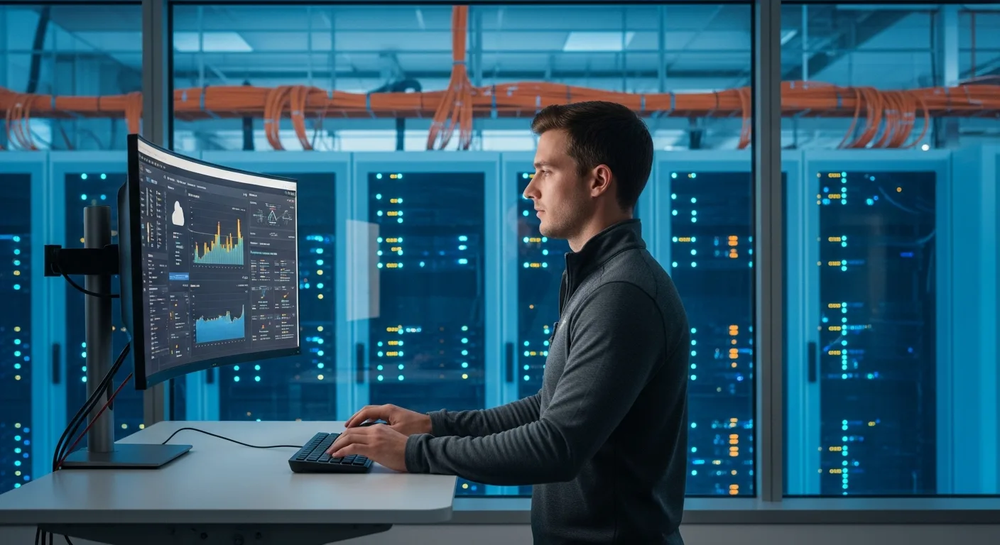 Cloud engineer monitoring legacy to cloud migration dashboard at a standing desk in a data center observation room