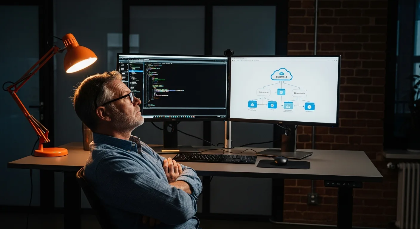 Senior developer comparing legacy COBOL code on one monitor with modern cloud architecture diagram on another during application modernization project