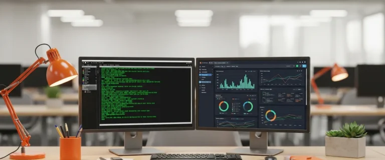 Application modernization concept showing legacy terminal screen alongside modern cloud-native dashboard