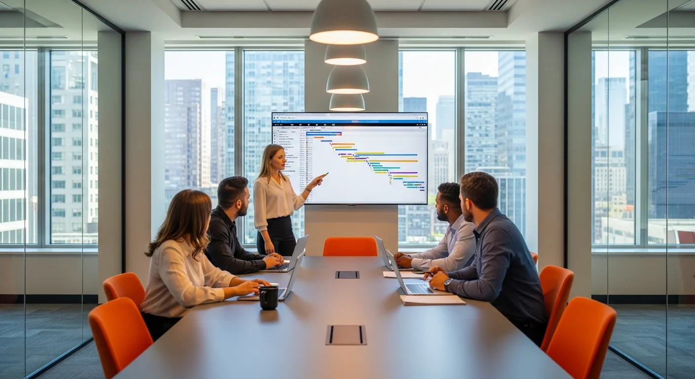 Cross-functional IT team planning application modernization roadmap and timeline in a conference room
