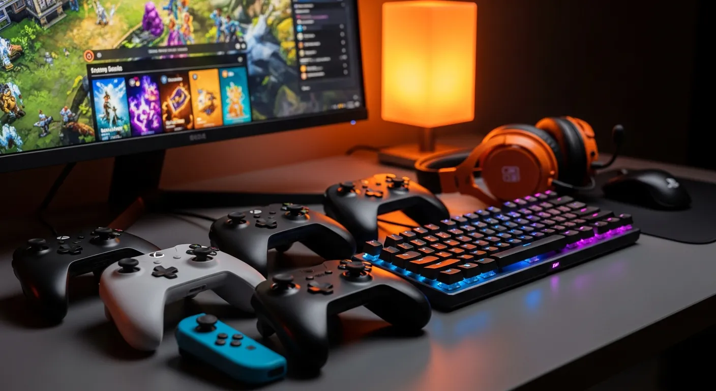 Gaming controllers and RGB setup representing April Fools 2026 gaming pranks