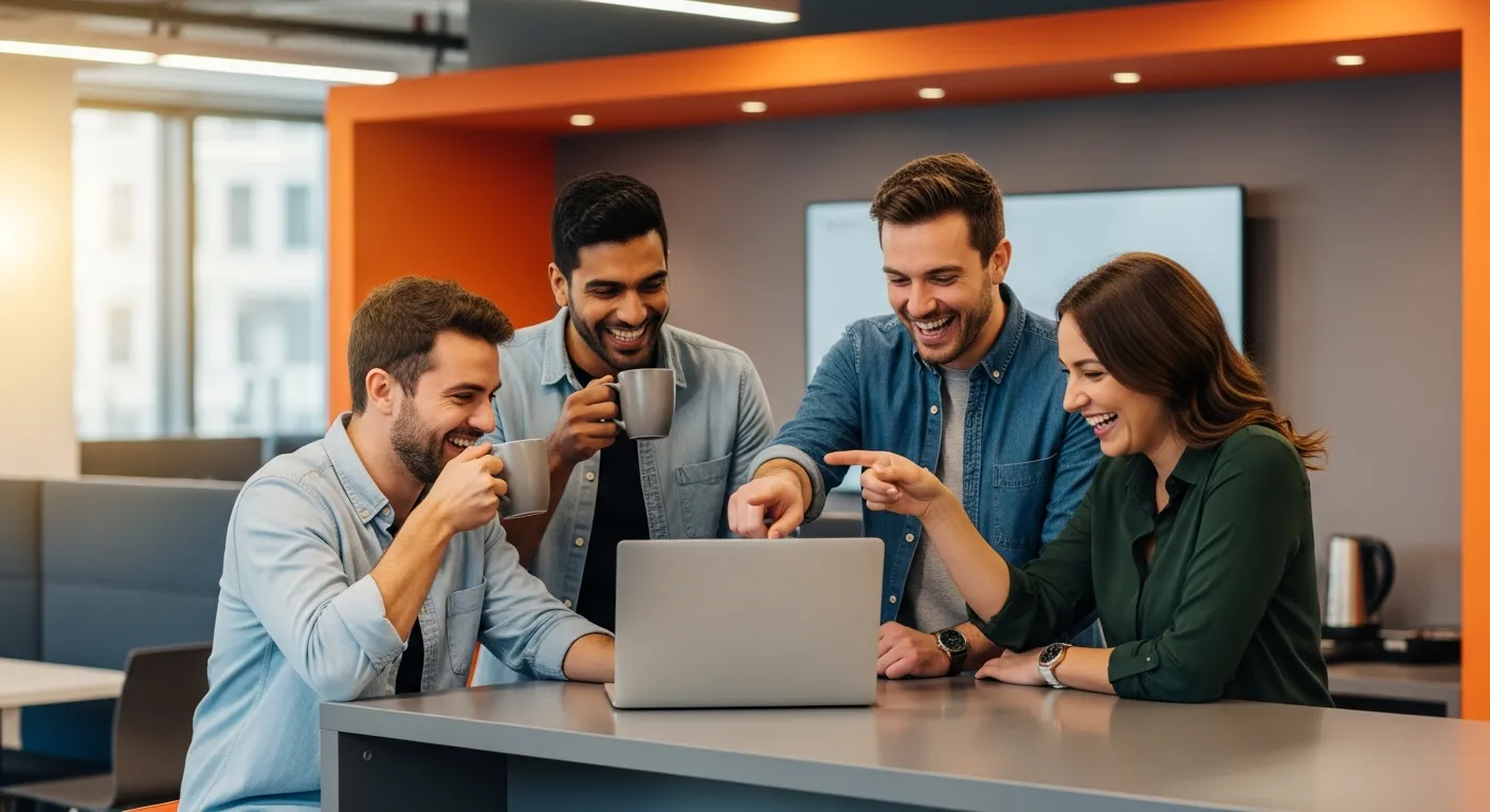Tech office team laughing at April Fools 2026 pranks on laptop screen