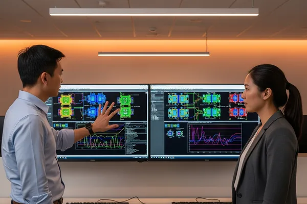Two ASIC engineers reviewing chip floor plan and timing closure data on large displays in a semiconductor design center