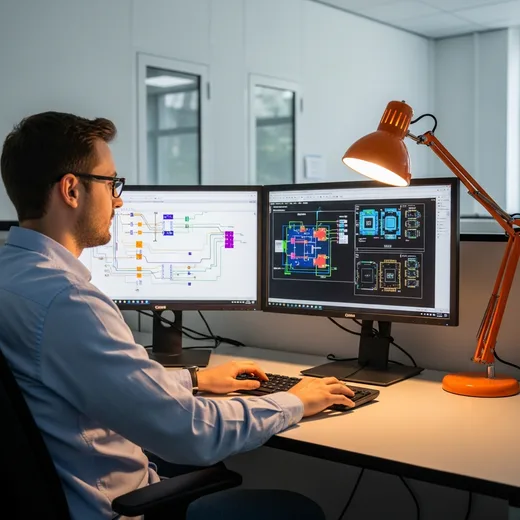 ASIC design engineer reviewing RTL schematic and chip layout on dual monitors in a semiconductor lab