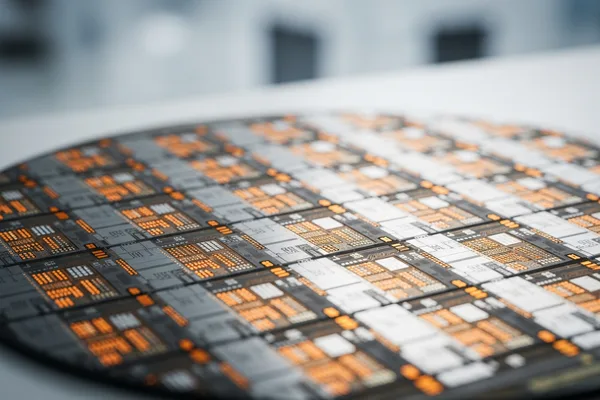 Silicon wafer with integrated circuit patterns under cleanroom lighting in a semiconductor fabrication environment