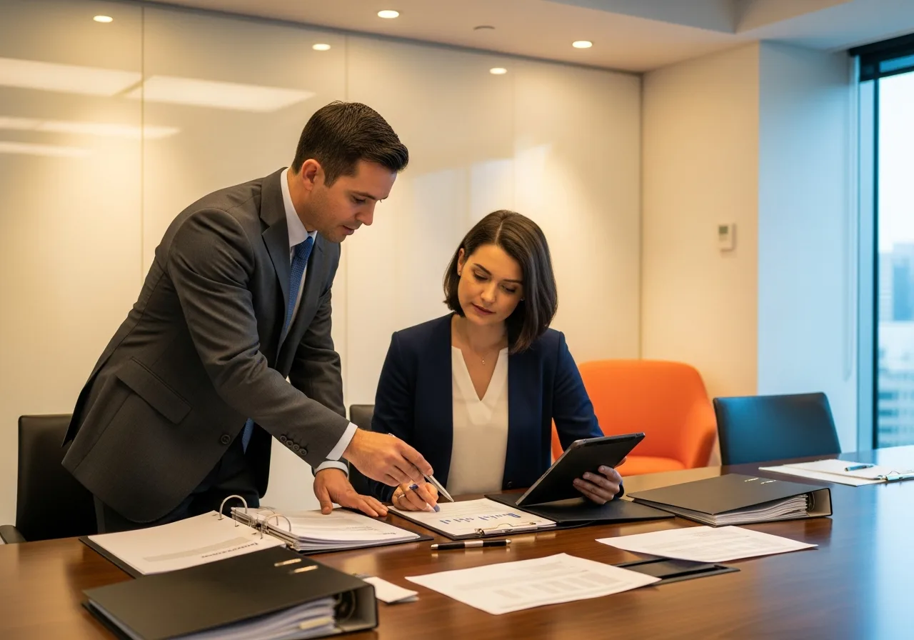 Internal audit team reviewing risk controls documentation at a conference table