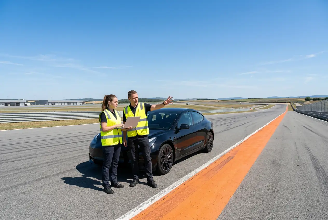 Electric vehicle on a proving ground test track with automotive engineers reviewing performance data