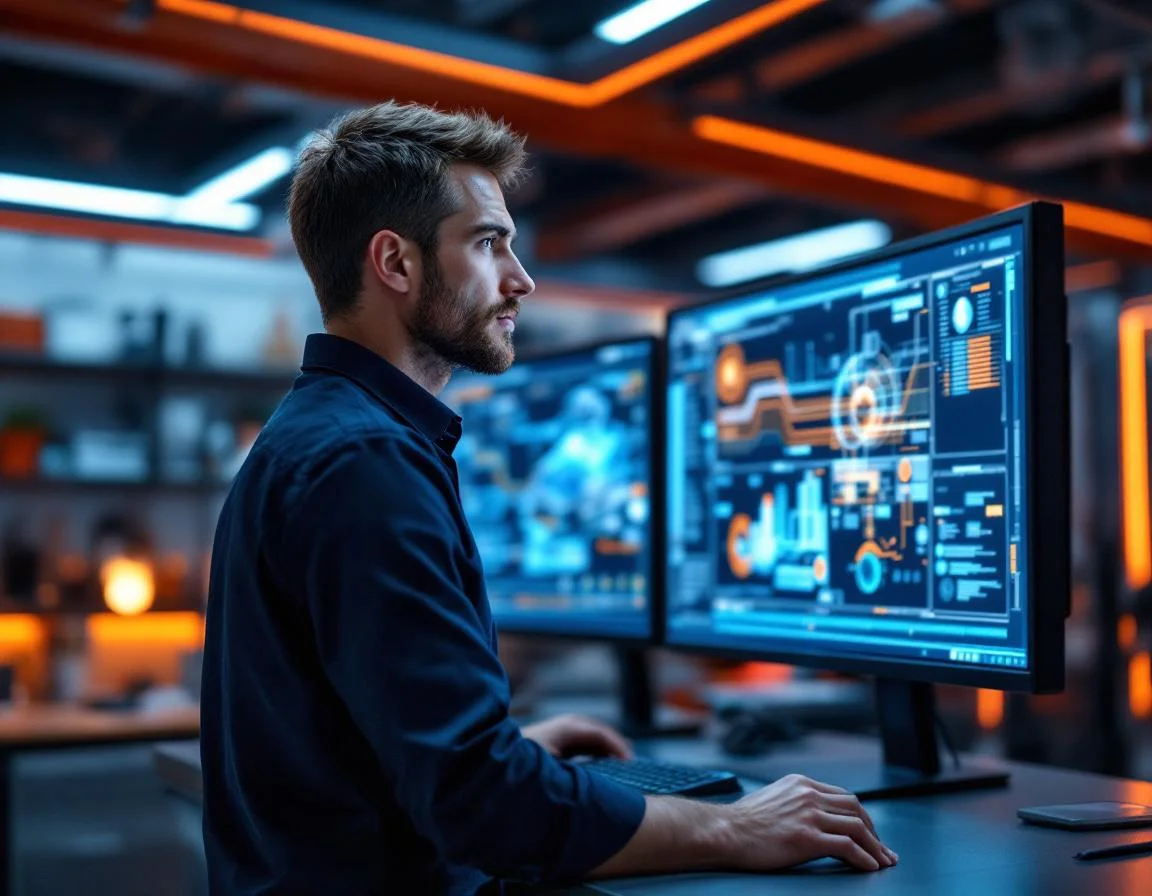 Automotive engineer reviewing EV battery system schematics on large monitors in a modern vehicle development lab