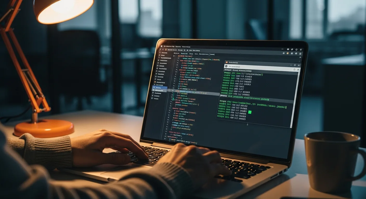 Developer laptop showing npm terminal and JavaScript code during Axios supply chain attack investigation