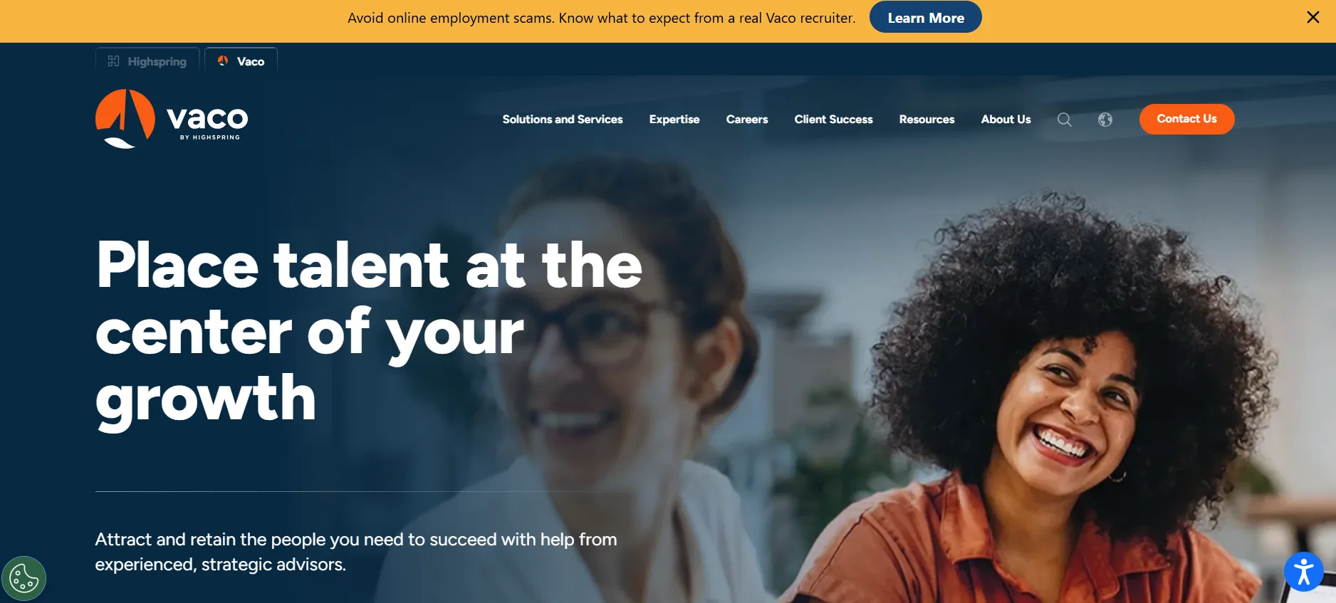 Vaco senior finance staffing agency homepage