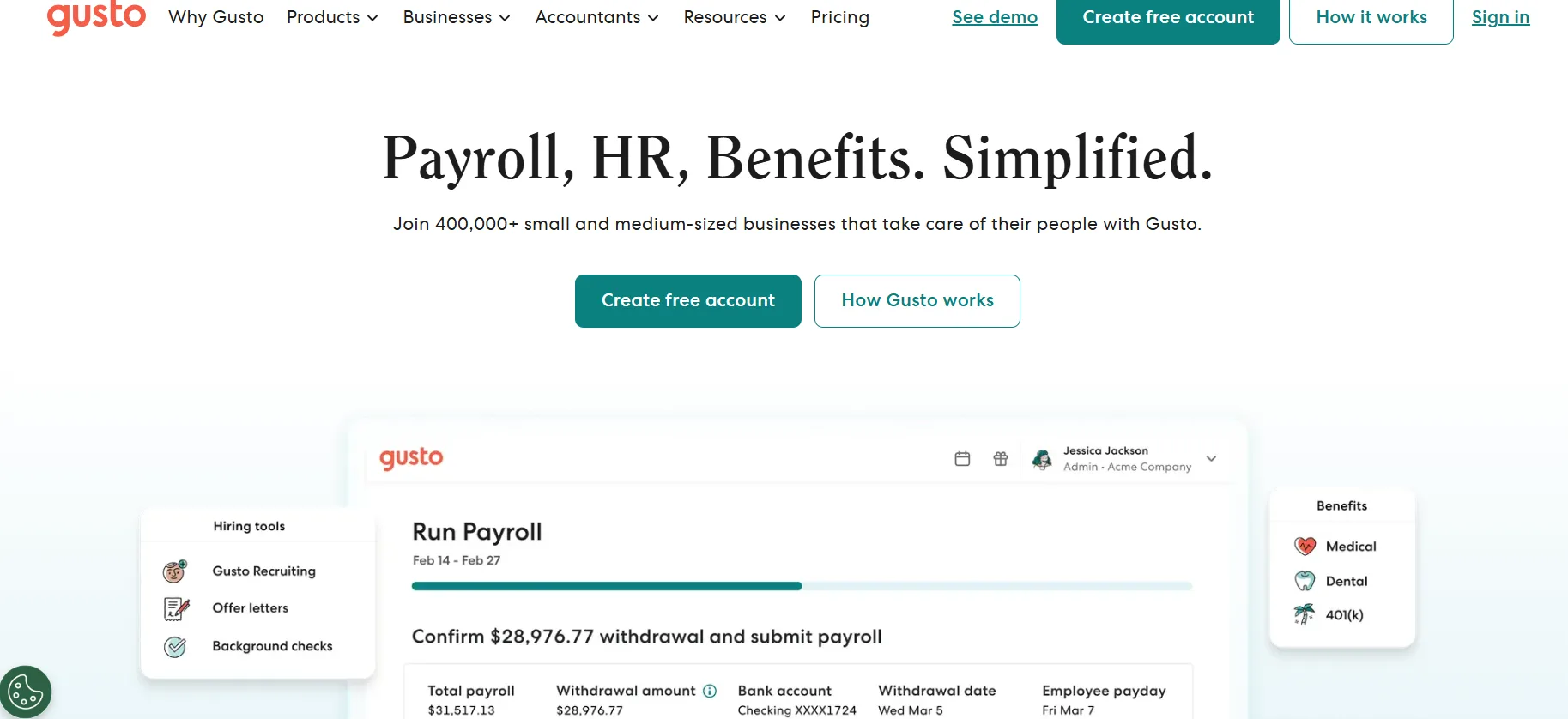 Gusto payroll platform for small businesses