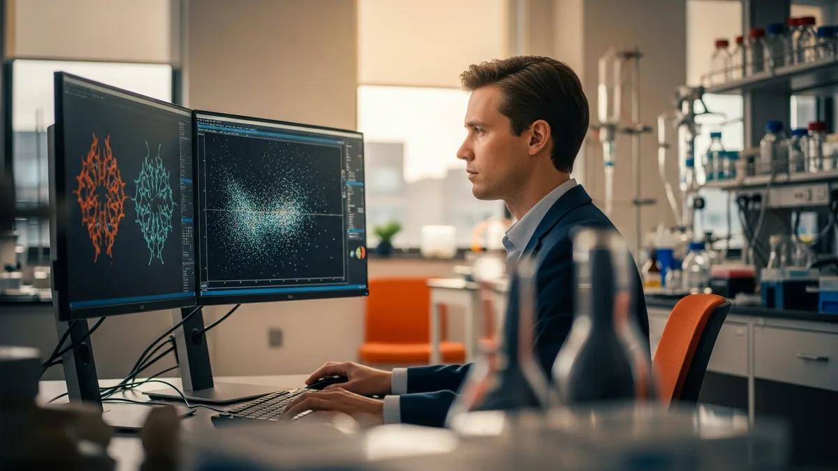 Computational biologist analyzing data at dual-monitor workstation in biotech lab