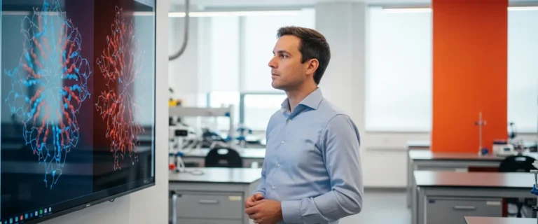 Senior biotech AI scientist reviewing 3D protein structure in modern research lab