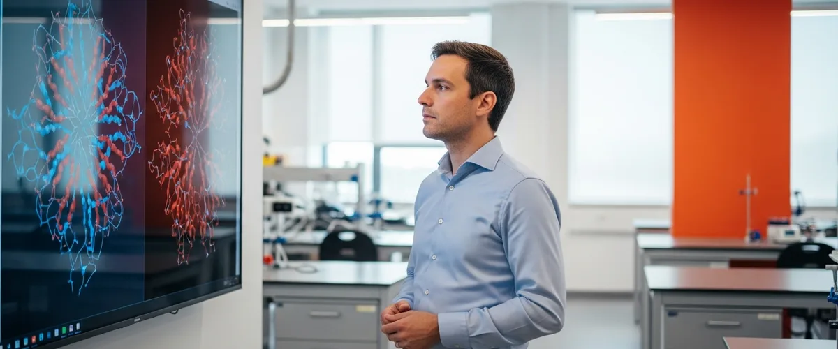 Senior biotech AI scientist reviewing 3D protein structure in modern research lab