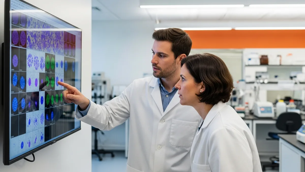 ML scientist and wet-lab researcher reviewing high-content cellular imaging