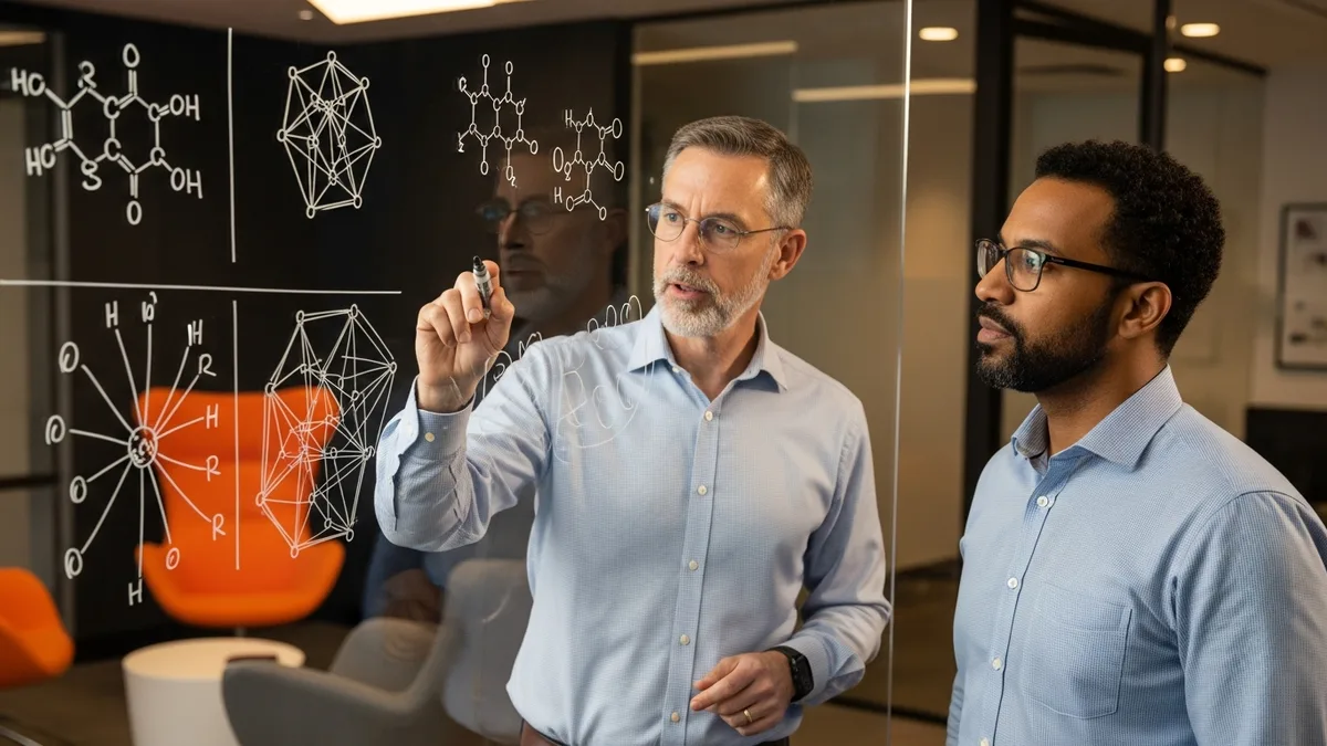 Senior scientist and ML engineer at whiteboard with molecular and neural network sketches