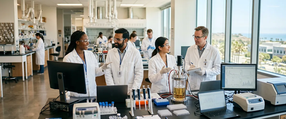 Biotech research team collaborating in a Southern California life sciences laboratory