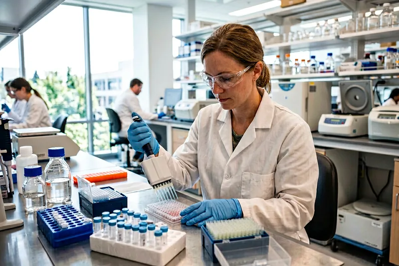 Biotech research scientist running an assay at a laboratory bench