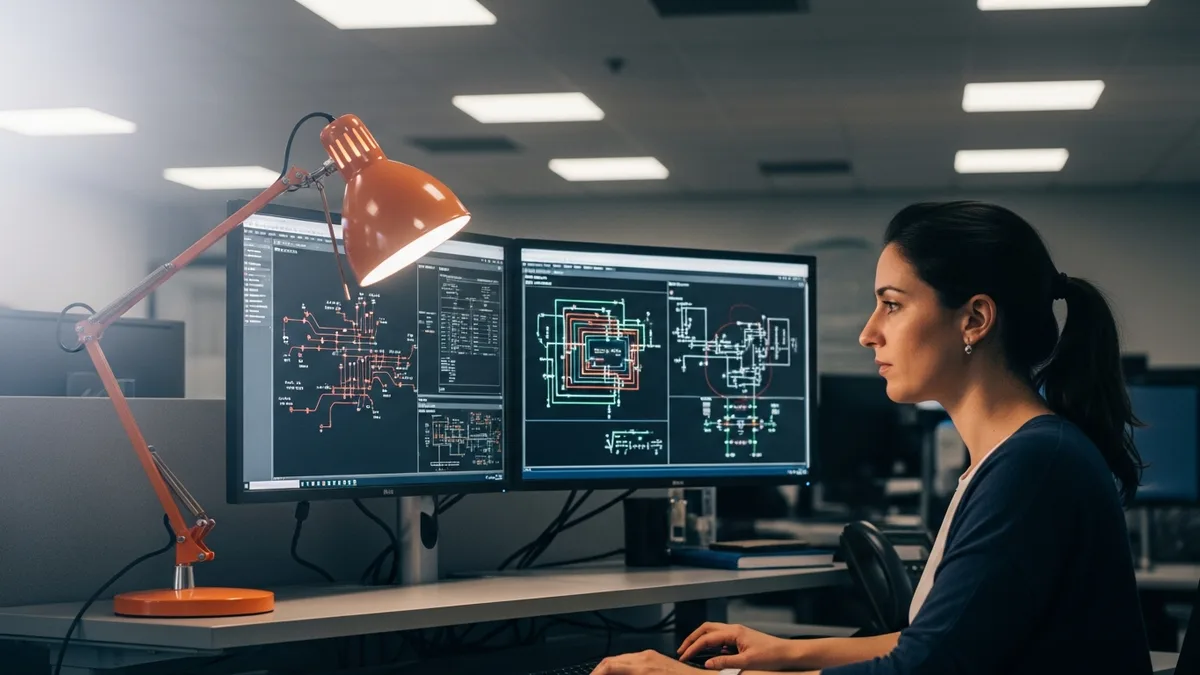 Aerospace systems engineer at workstation reviewing technical schematics for reshoring manufacturing position