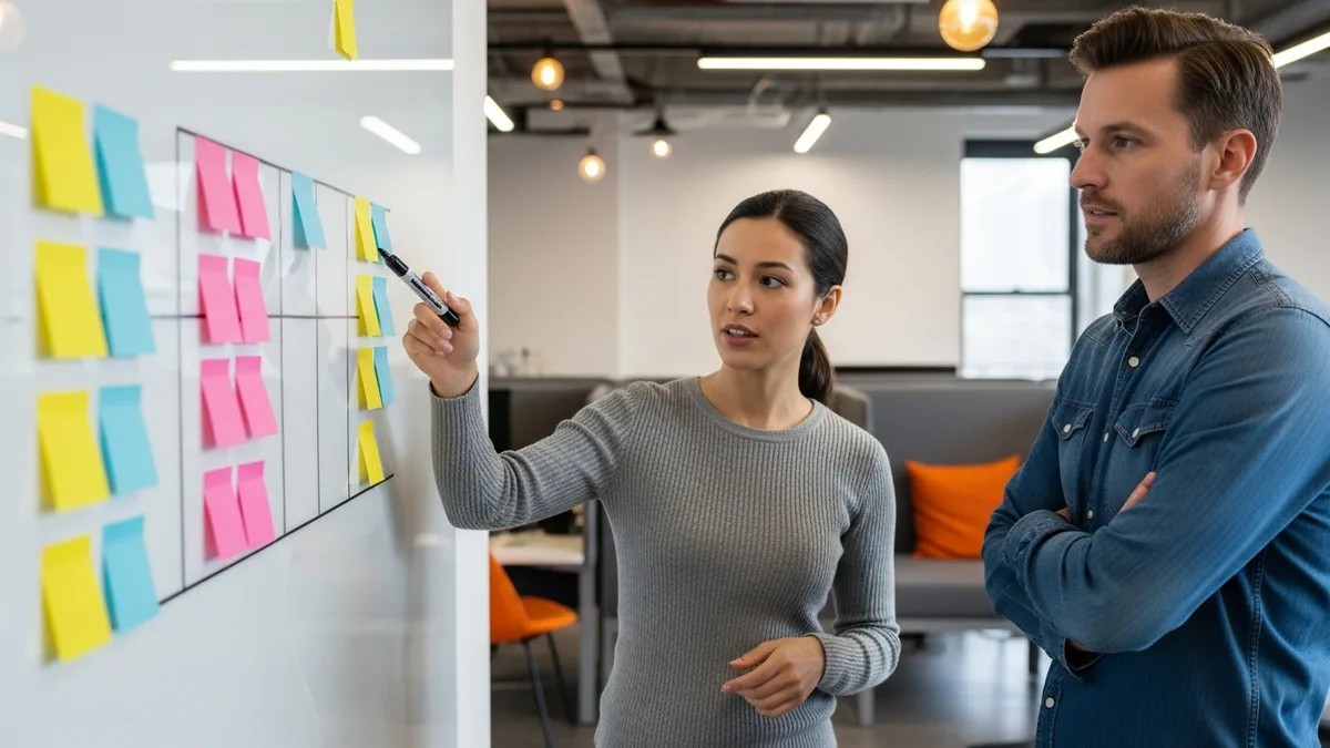 Two engineers mapping product roadmap milestones to talent pipeline skill clusters at a glass whiteboard