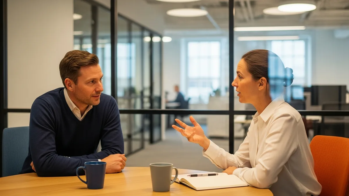 Engineering manager and senior individual contributor having an internal mobility career conversation in a glass-walled meeting room