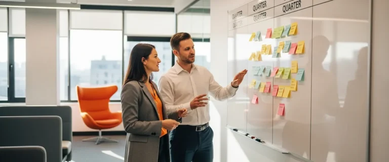 Talent leader and hiring manager mapping a quarterly talent pipeline on a planning whiteboard
