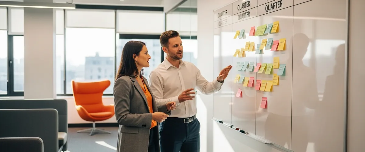 Talent leader and hiring manager mapping a quarterly talent pipeline on a planning whiteboard